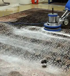 Professional rug cleaning with a rotary floor machine and shampoo foam, deep-cleaning an area rug Las Vegas, NV.